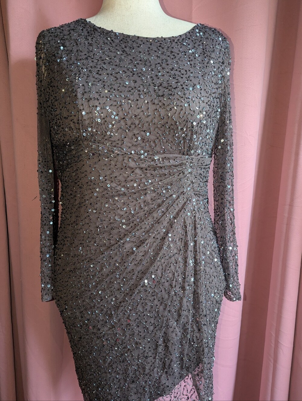 PATRA Allover Beaded Sequin Dress with Sheer Long Sleeves 12P